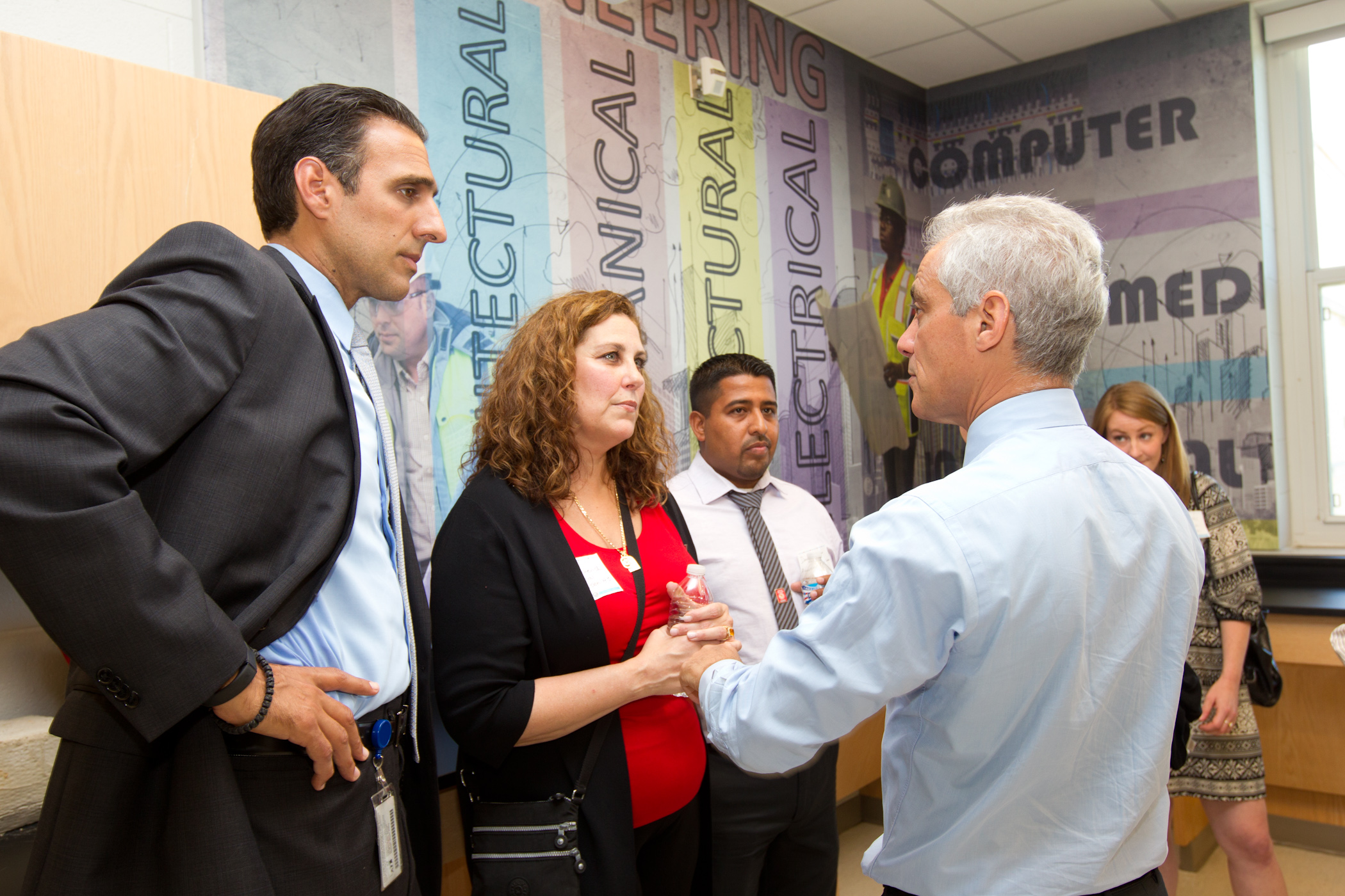 Mayor Emanuel joins corporate engineering partners and CPS leadership in touring a new engineering lab at Westinghouse College Prep, made possible with support of corporate partner Paschen.